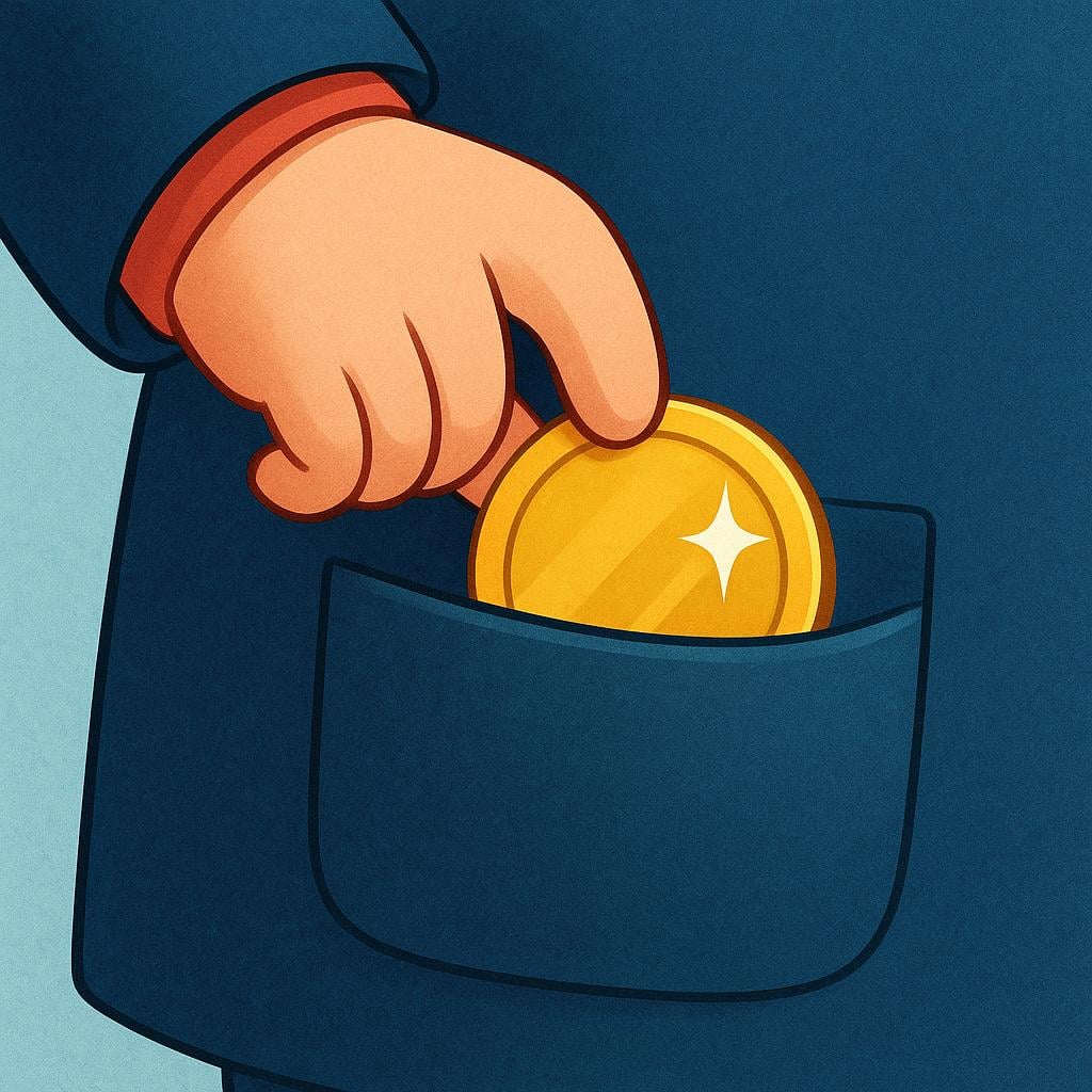 A close-up view of a cartoonish hand discreetly placing a gold coin into a large, deep pocket.