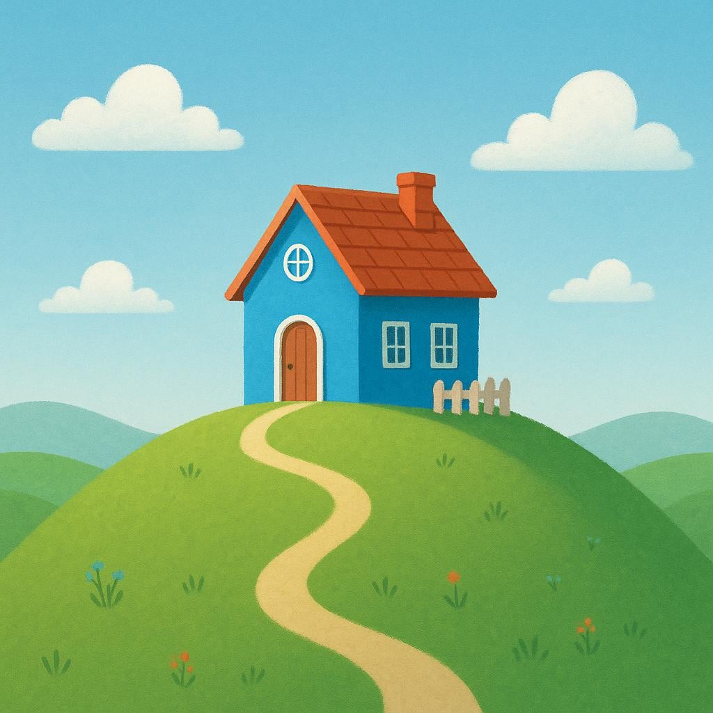A sturdy, brightly painted blue house situated permanently atop a grassy green hill, visible against a clear sky.