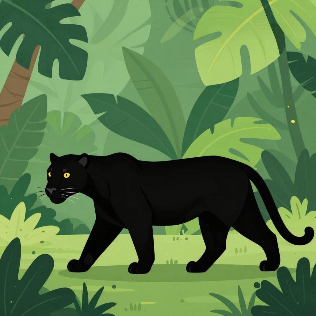 A sleek black panther walking through a lush green jungle.