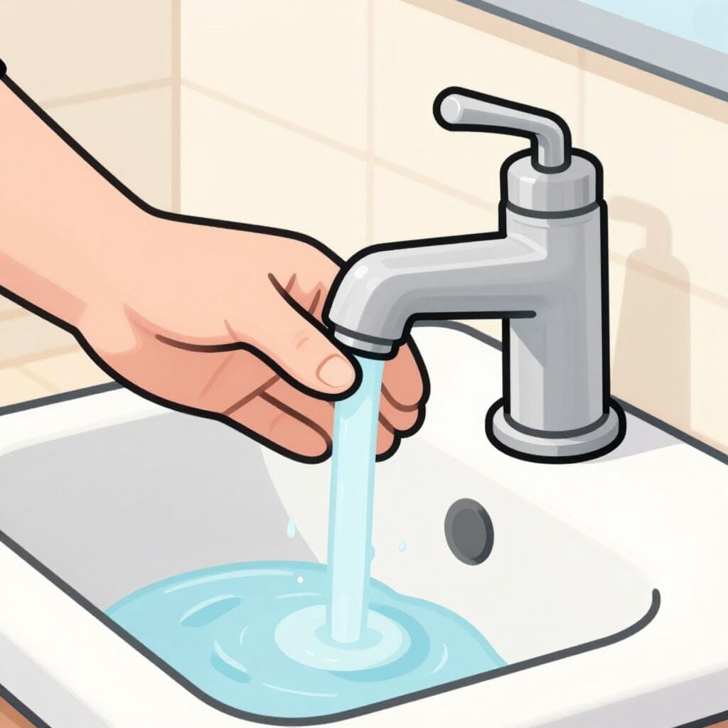 A hand turning a silver faucet handle to stop a drip of water.