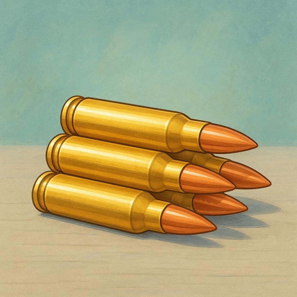 A high quality illustration showing a small stack of brass rifle cartridges with pointed copper tips, illustrating ammunition.