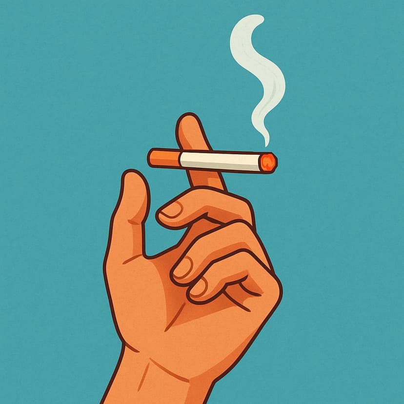 A simple illustration showing a hand holding a lit cigarette, with a plume of smoke rising into the air.