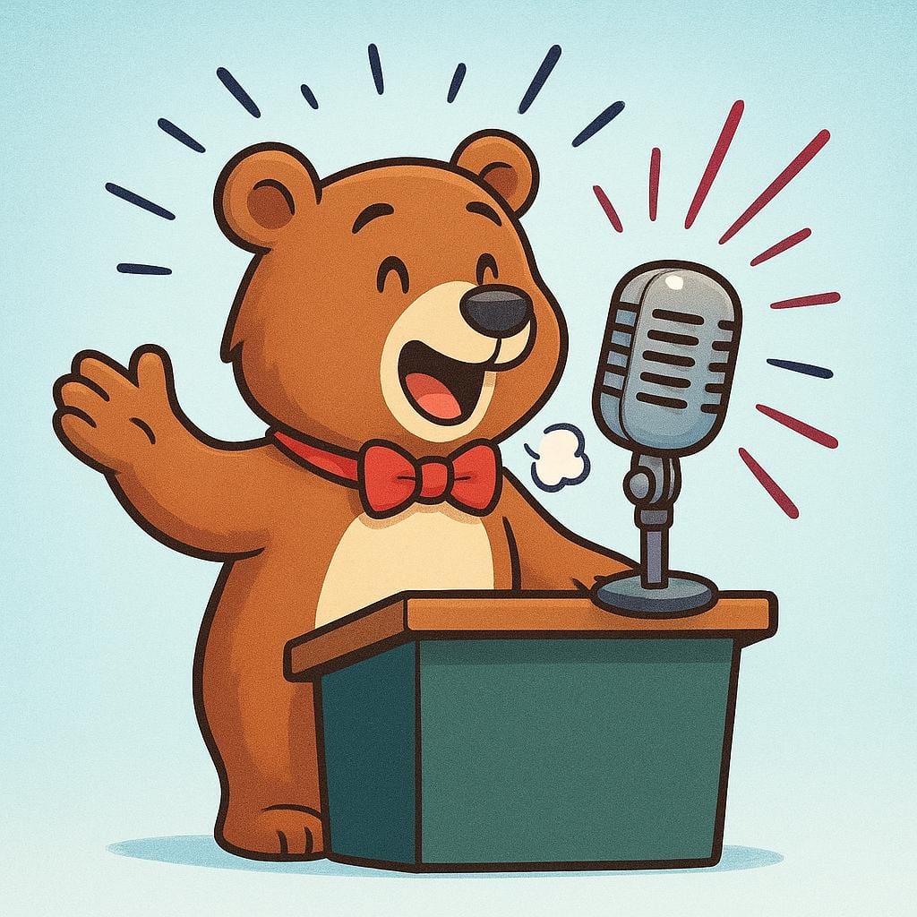 A friendly cartoon bear is shown speaking very forcefully and loudly into a large, simple microphone, emphasizing the action being performed loudly.