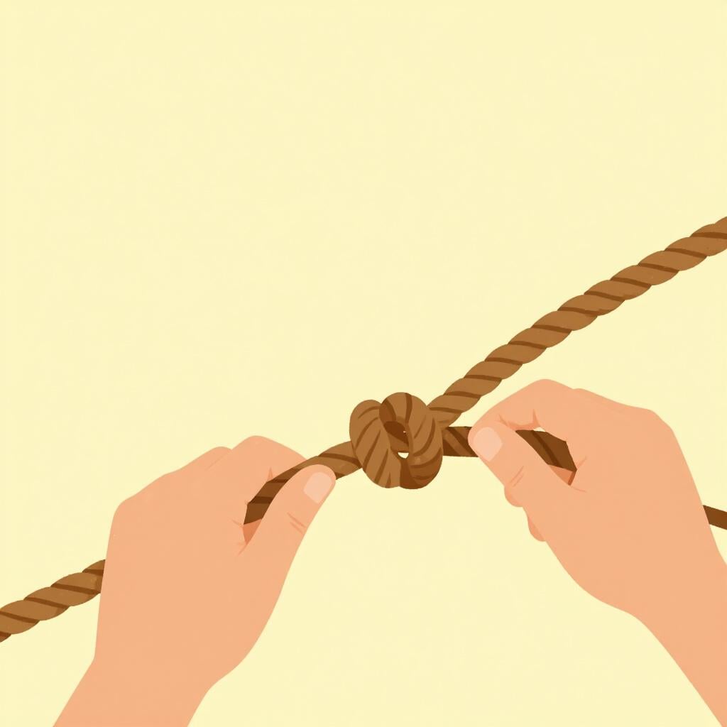 A thick, heavy rope being untied and loosened by two hands.