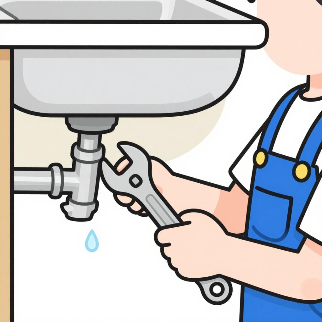 A person using a wrench to fix a leaky pipe under a sink.