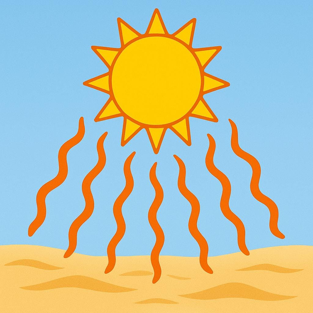A bright yellow sun shining intensely over a vast, dry desert landscape, illustrating high temperature and heat.