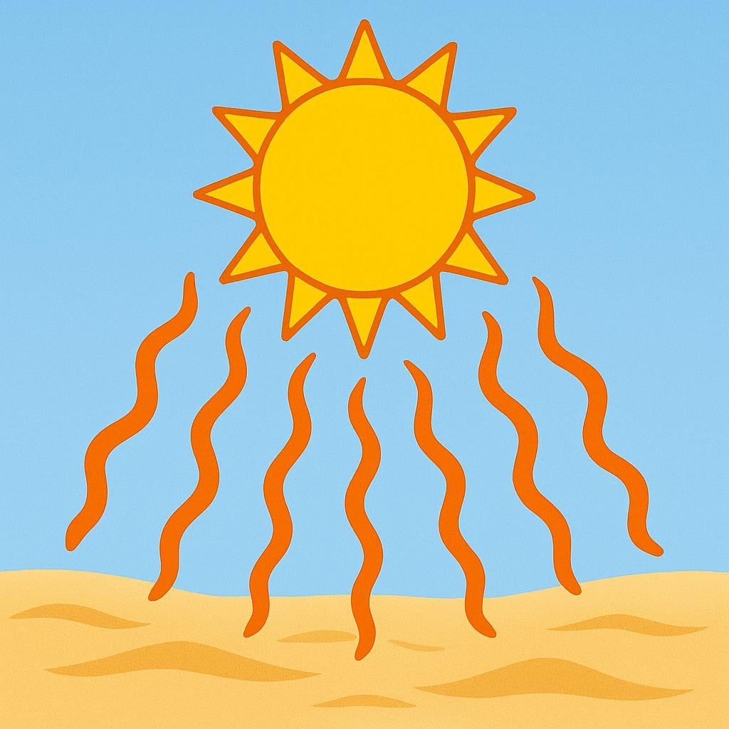 A bright yellow sun shining intensely over a vast, dry desert landscape, illustrating high temperature and heat.