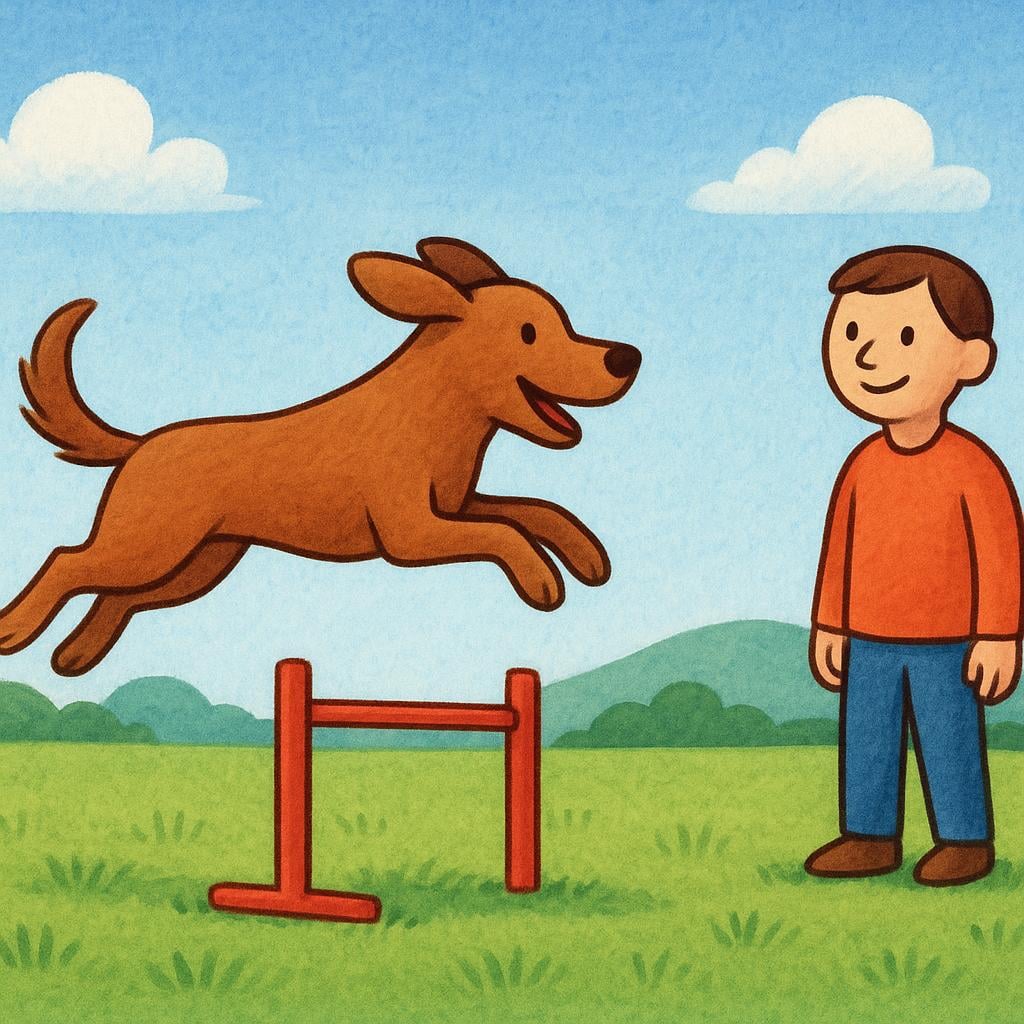A brown dog is successfully jumping over a small red hurdle in a green field, demonstrating that it has received training or practice.