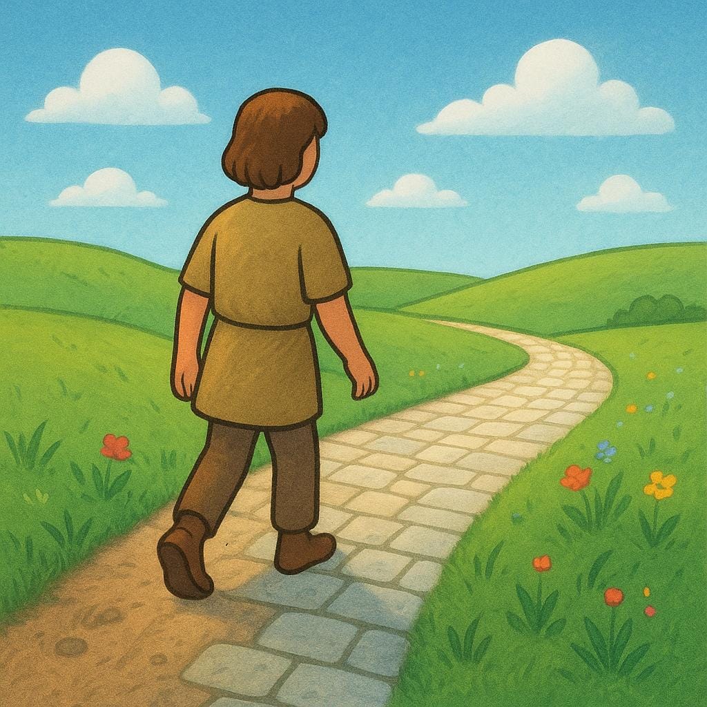 A simple storybook illustration showing a lone figure stepping from a shadowed, winding dirt road onto a new, brightly illuminated cobblestone path, symbolizing a change in belief.