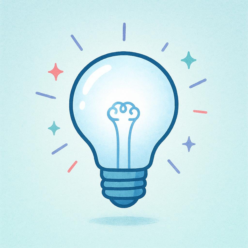 A brightly glowing, stylized lightbulb floating against a simple colored background, representing the concept of an idea or insight.