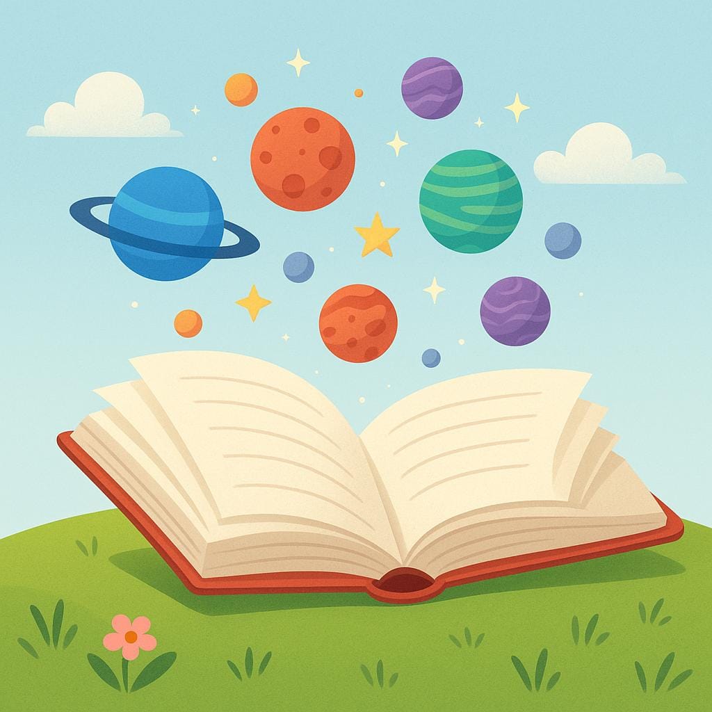 Une illustration colorée d'un livre d'histoires ouvert d'où flottent des représentations simples de planètes et d'étoiles, symbolisant le sujet du livre.