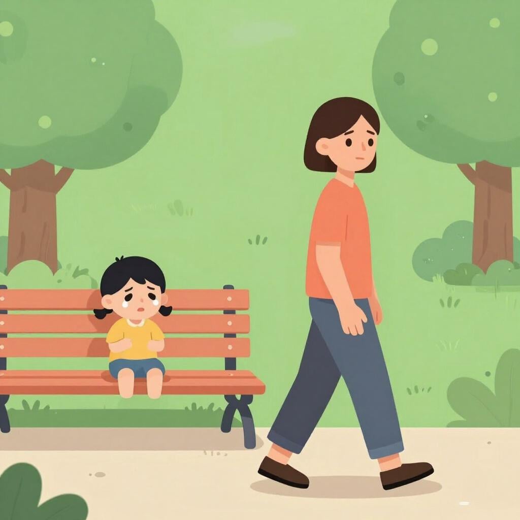 Een persoon die langs een huilend kind loopt zonder te kijken of te stoppen.