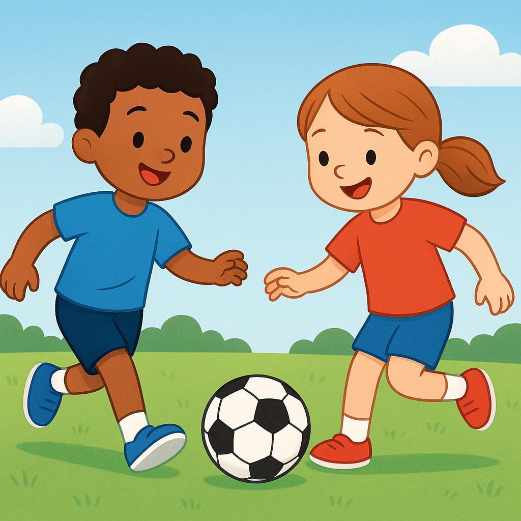 Two stylized figures kicking a soccer ball on a green field, representing a game.