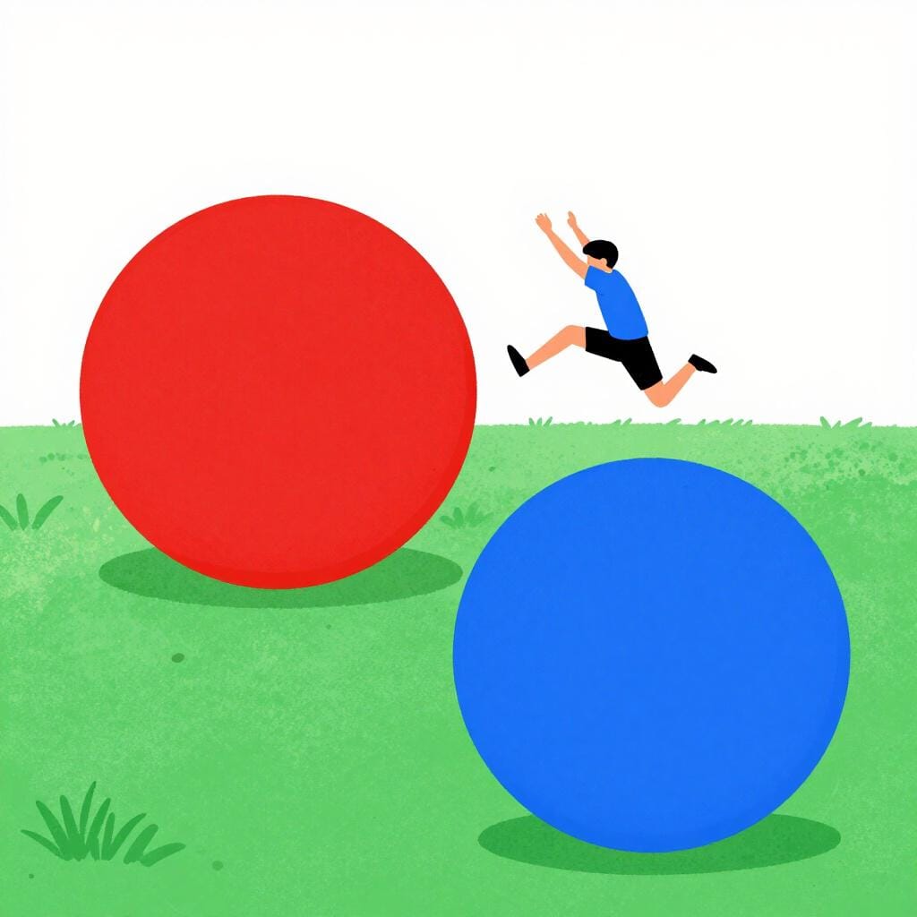 A person jumping between a large red circle and a large blue circle on the ground.