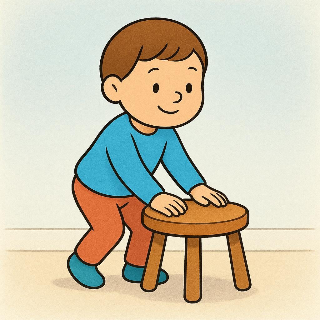 A simple, cartoon-style figure is actively pushing off a small stool, transitioning from a sitting position to a fully standing position.