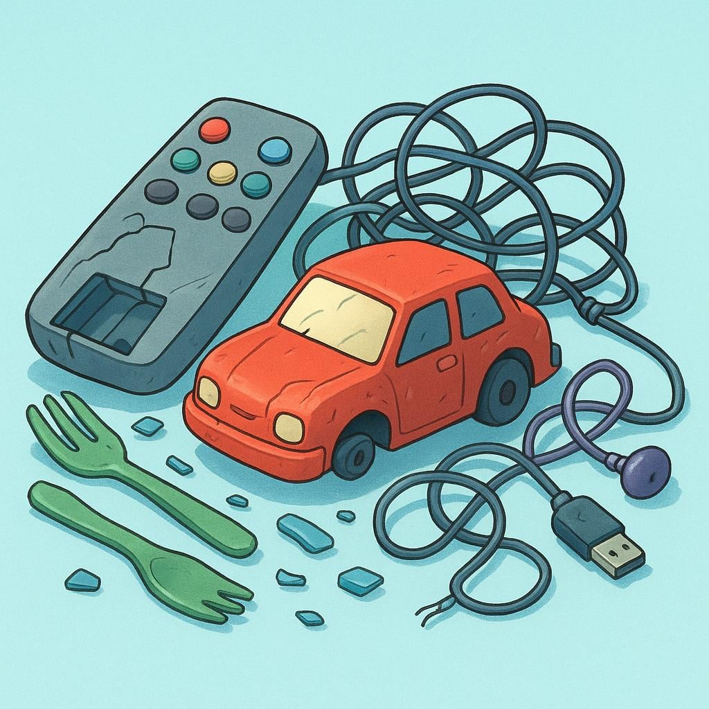 A pile of broken, low-quality electronic junk, including a cracked plastic toy and tangled wires, symbolizing poor quality items.