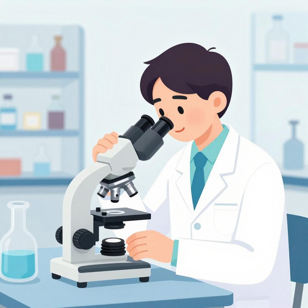 A scientist in a lab coat looking through a microscope at a petri dish.