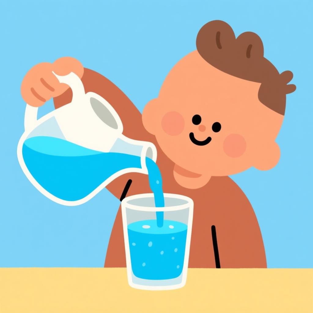 A cartoon character holding a pitcher, pouring bright blue liquid into a clear glass until the liquid reaches the absolute top rim, indicating a stopping point.