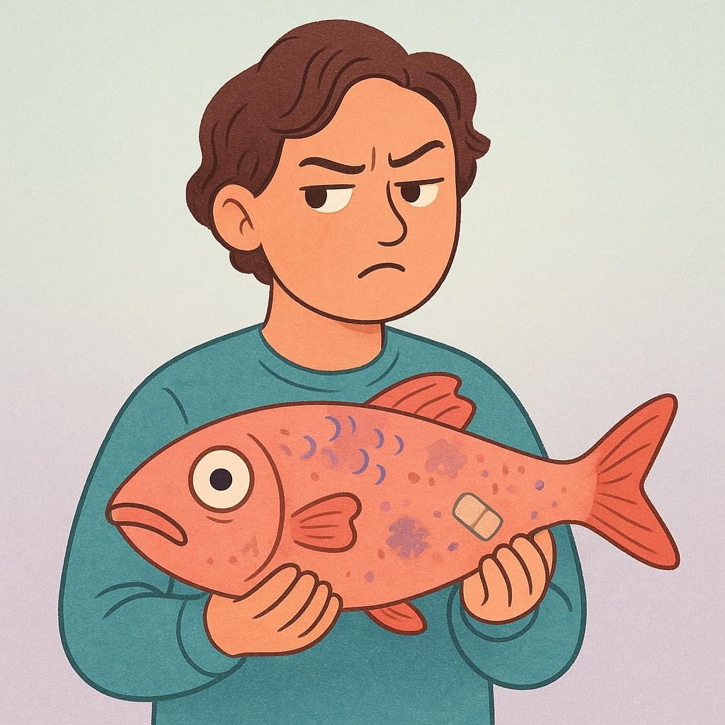 A person looking highly suspicious and doubtful while holding a questionable, slightly green fish in their hand.