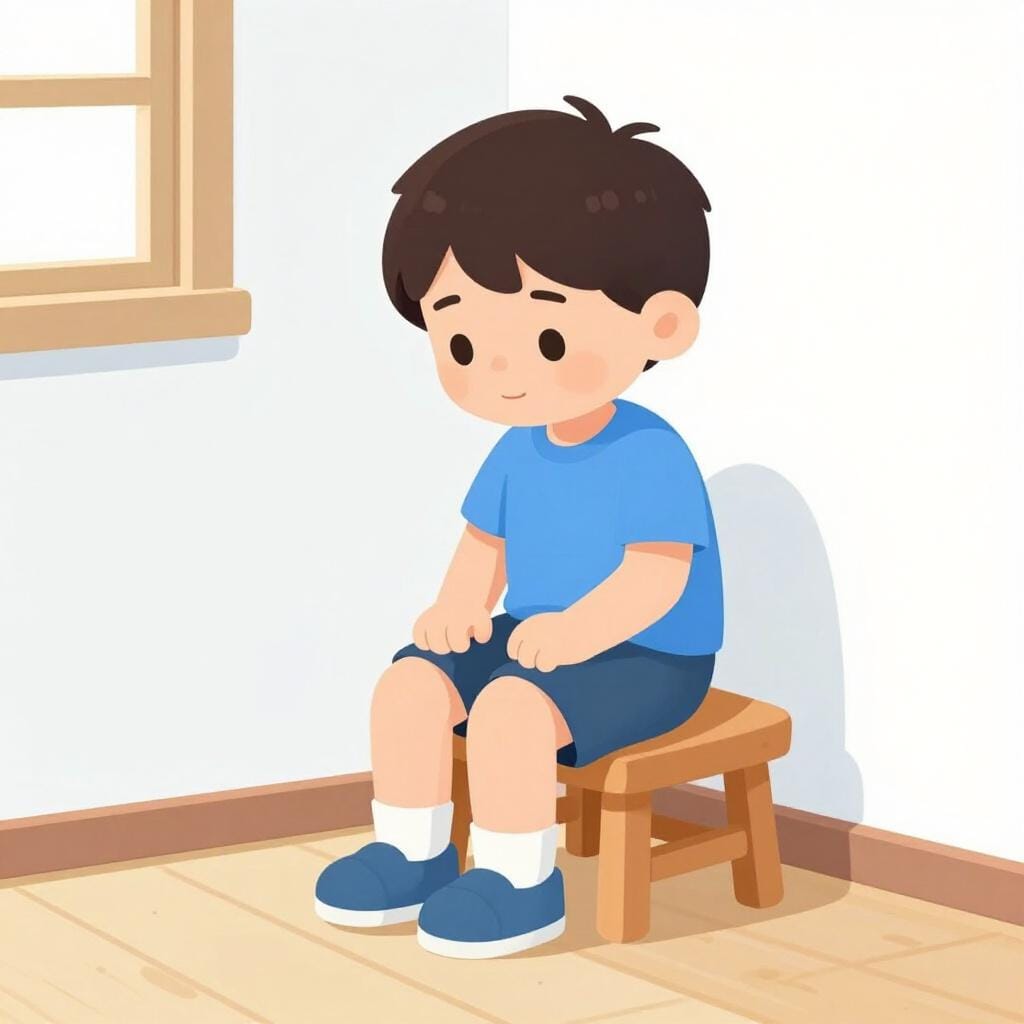 A child sitting on a wooden stool in the corner of a bright room, looking thoughtful.