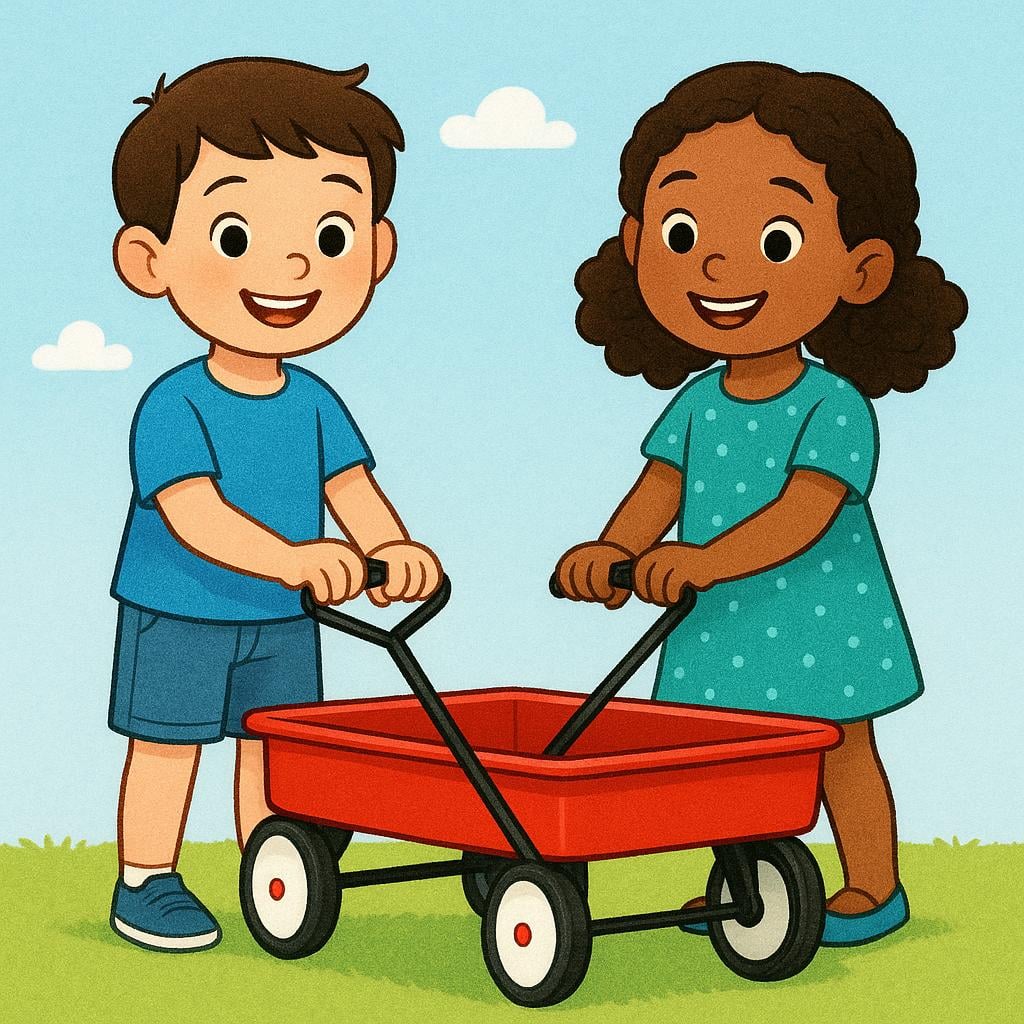 A boy and a girl holding the same red wagon together, illustrating shared ownership.