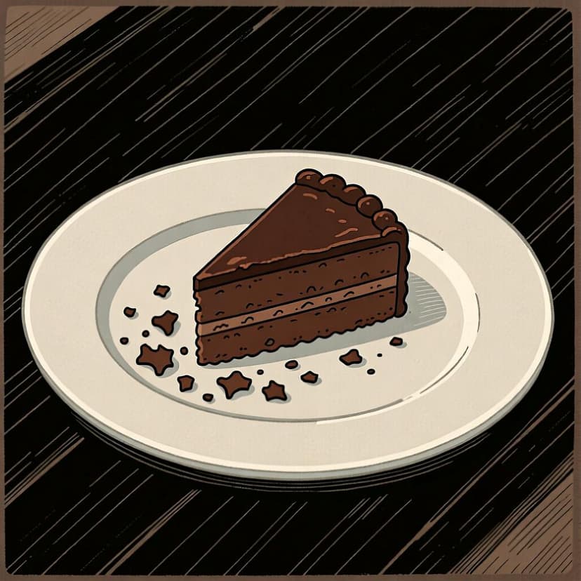 A single slice of cake is left on a large, otherwise empty serving plate.