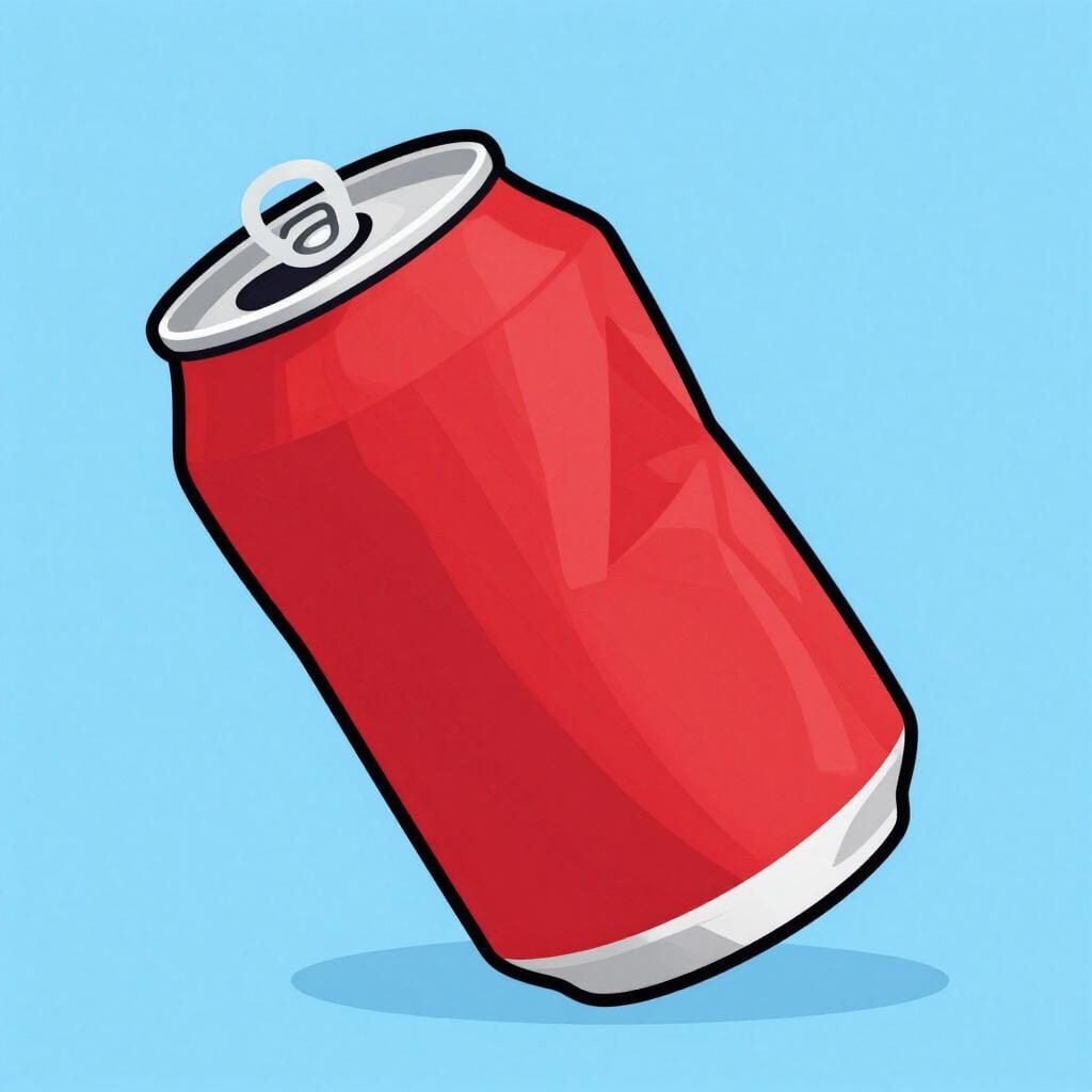 A bright red soda can crushed completely flat on a plain surface.