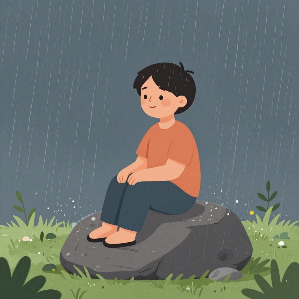 A person sitting peacefully on a rock in the middle of a rainstorm, looking calm with a gentle smile.
