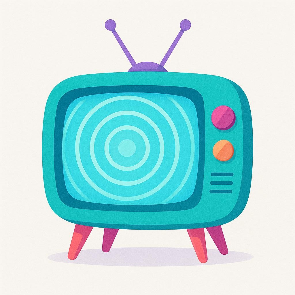 A stylized, simple retro television set showing a bright screen emitting simple circular broadcast waves.