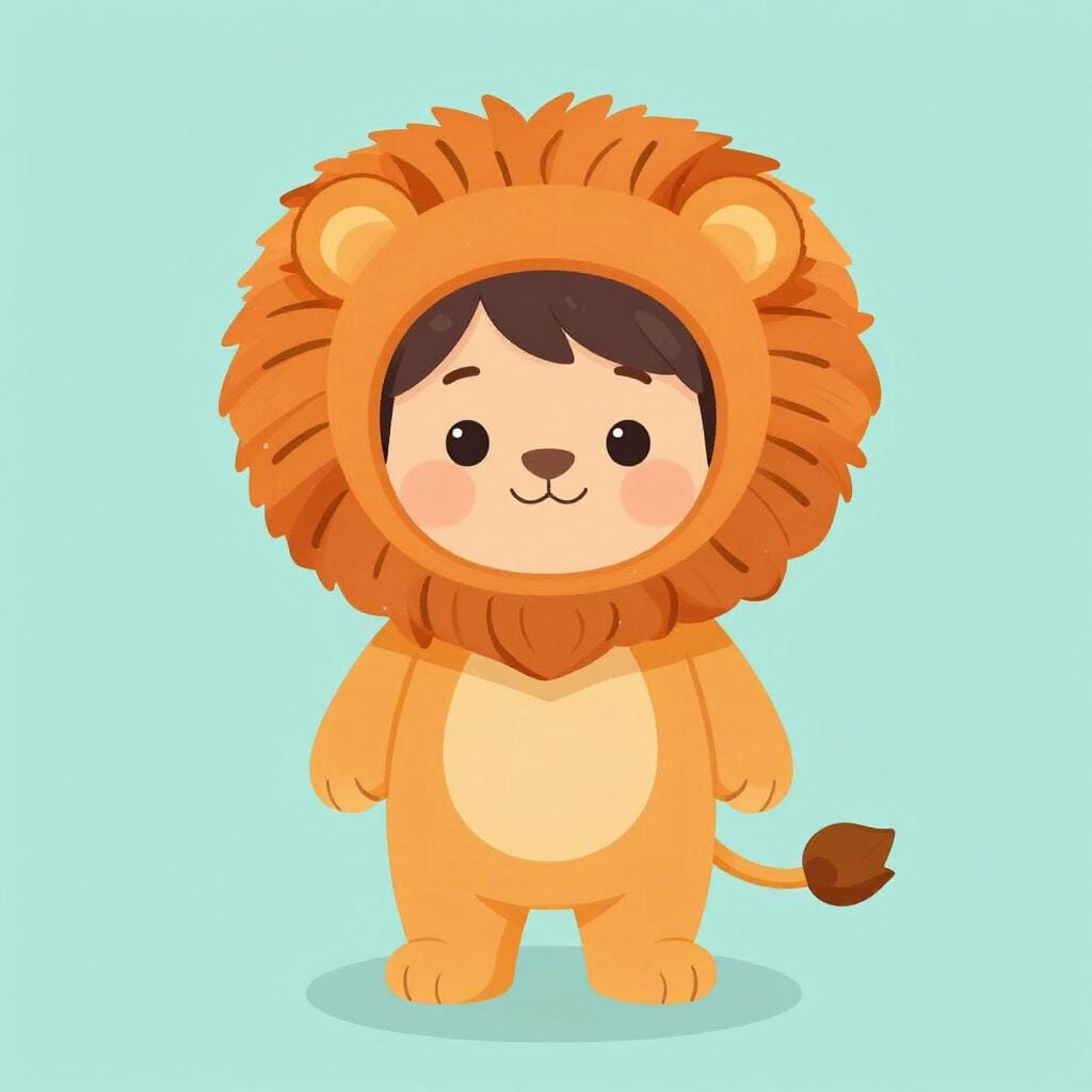 A small child standing proudly in a colorful lion costume with a fuzzy mane.