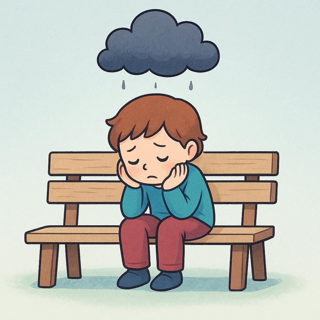 A small child character sitting alone on a wooden bench, looking worried and holding their head in their hands. A single, small, stylized dark raincloud floats directly above the child's head, symbolizing ongoing worry.