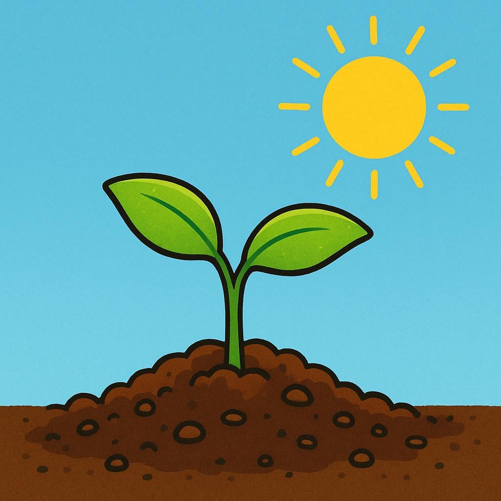 A small, bright green seedling emerging from dark soil, illustrating the process of coming into existence or view.