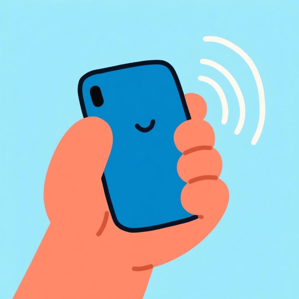 A cartoon hand holding a blue smartphone to its ear, depicting a phone call.