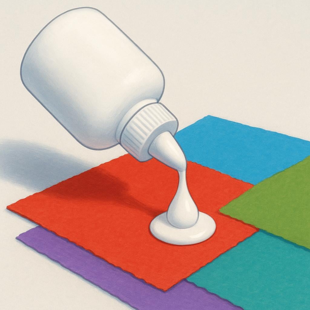 A bottle of white liquid glue dripping a blob onto colorful paper.