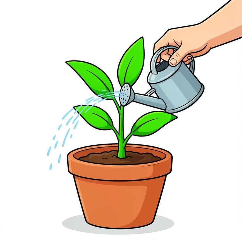 A person carefully watering a small potted plant on a wooden table.