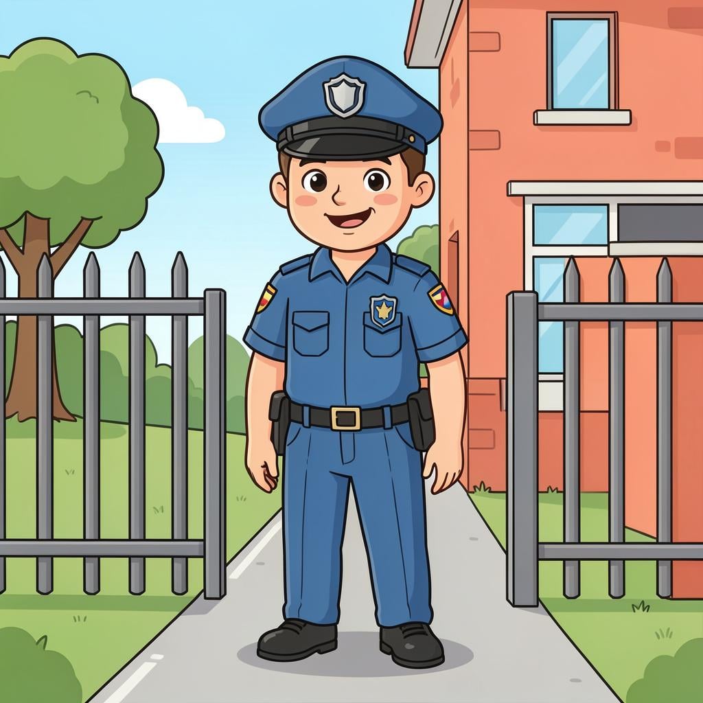 A security guard wearing a uniform and a cap, standing tall in front of a building entrance.