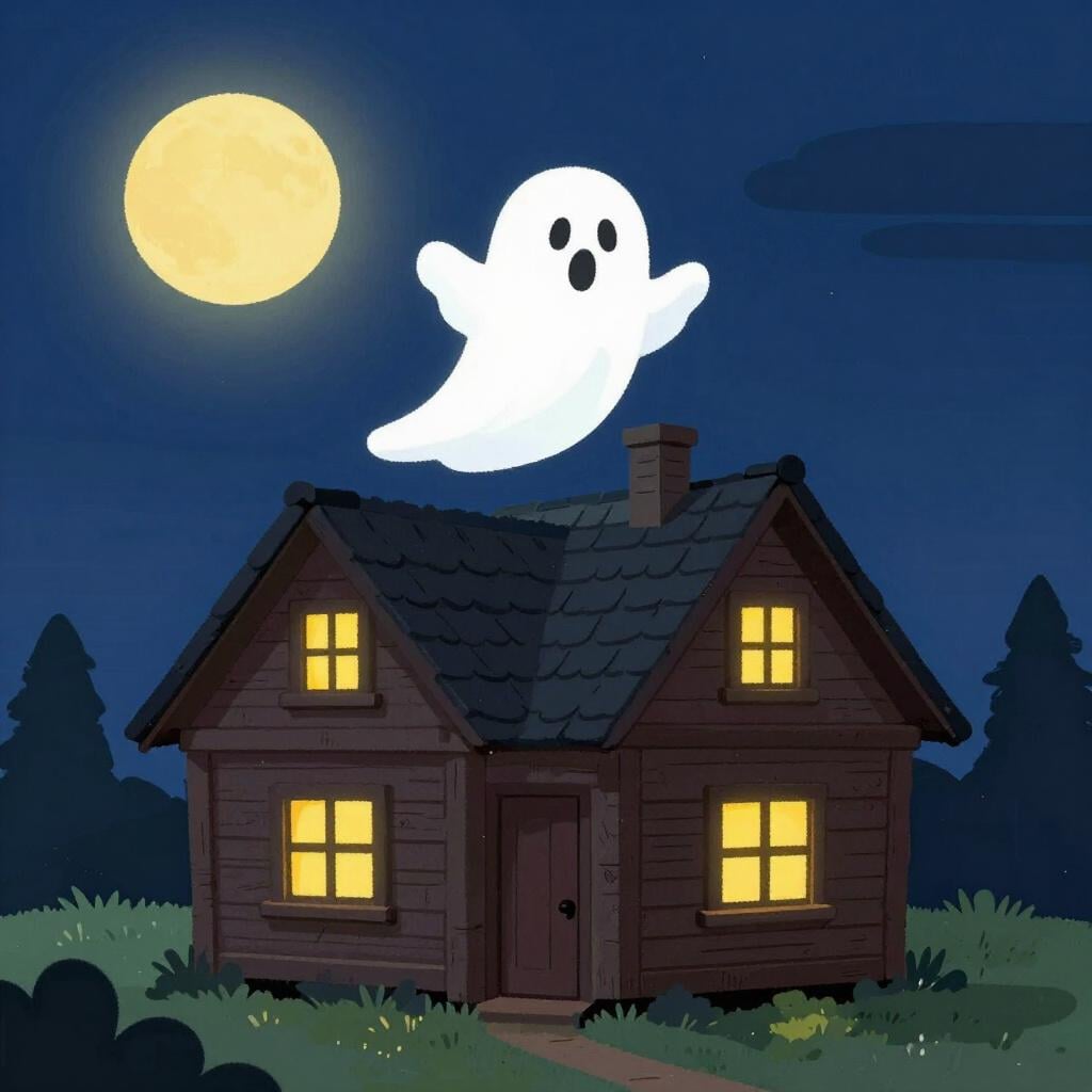 A spooky, old wooden house with glowing windows and a friendly ghost floating near the chimney under a full moon.