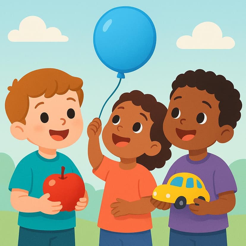 Three cheerful children are grouped together, looking fondly at a collection of distinct objects (a red apple, a blue balloon, and a yellow toy car) that they clearly enjoy.
