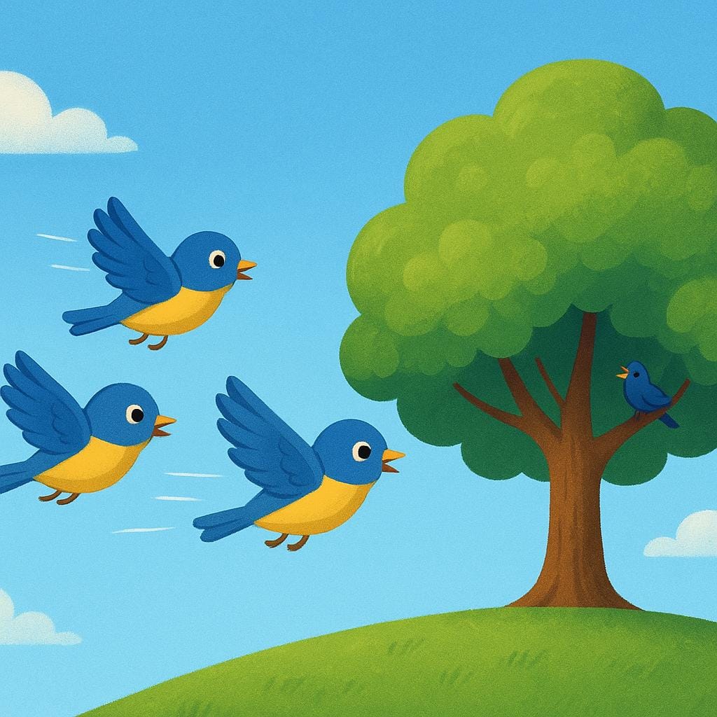 Un groupe de trois petits oiseaux colorés volant rapidement à travers un ciel bleu clair vers un grand arbre vert feuillu à l'horizon, décrivant qu'ils ont été convoqués.