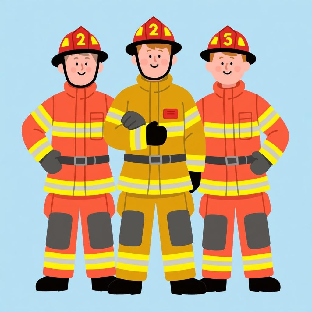 A group of three stylized firefighters in full uniform standing together as a unified team.