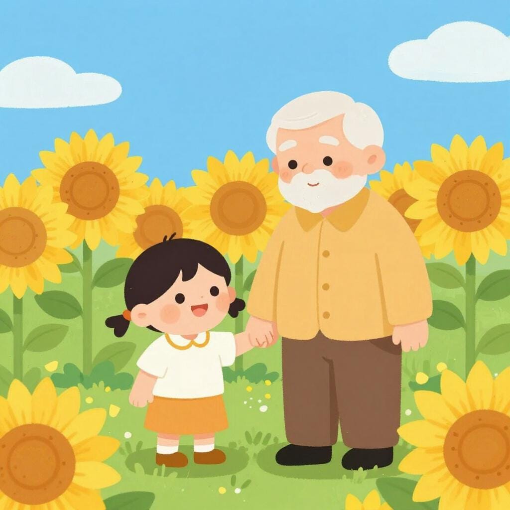 A child and a grandparent standing together in a field of flowers under a bright sun.