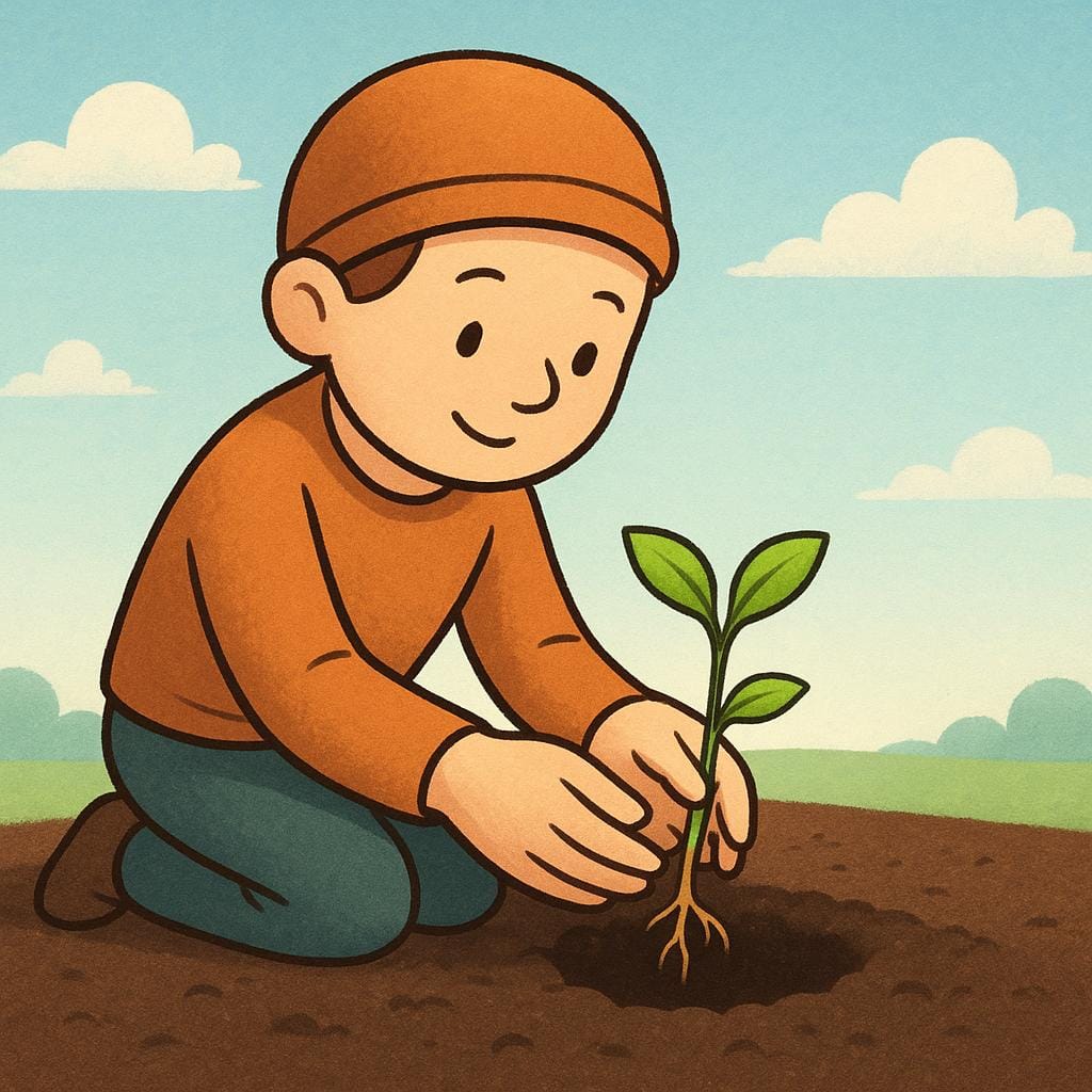A dedicated figure carefully planting a small green tree seedling into the ground, symbolizing a strategic commitment or future venture.