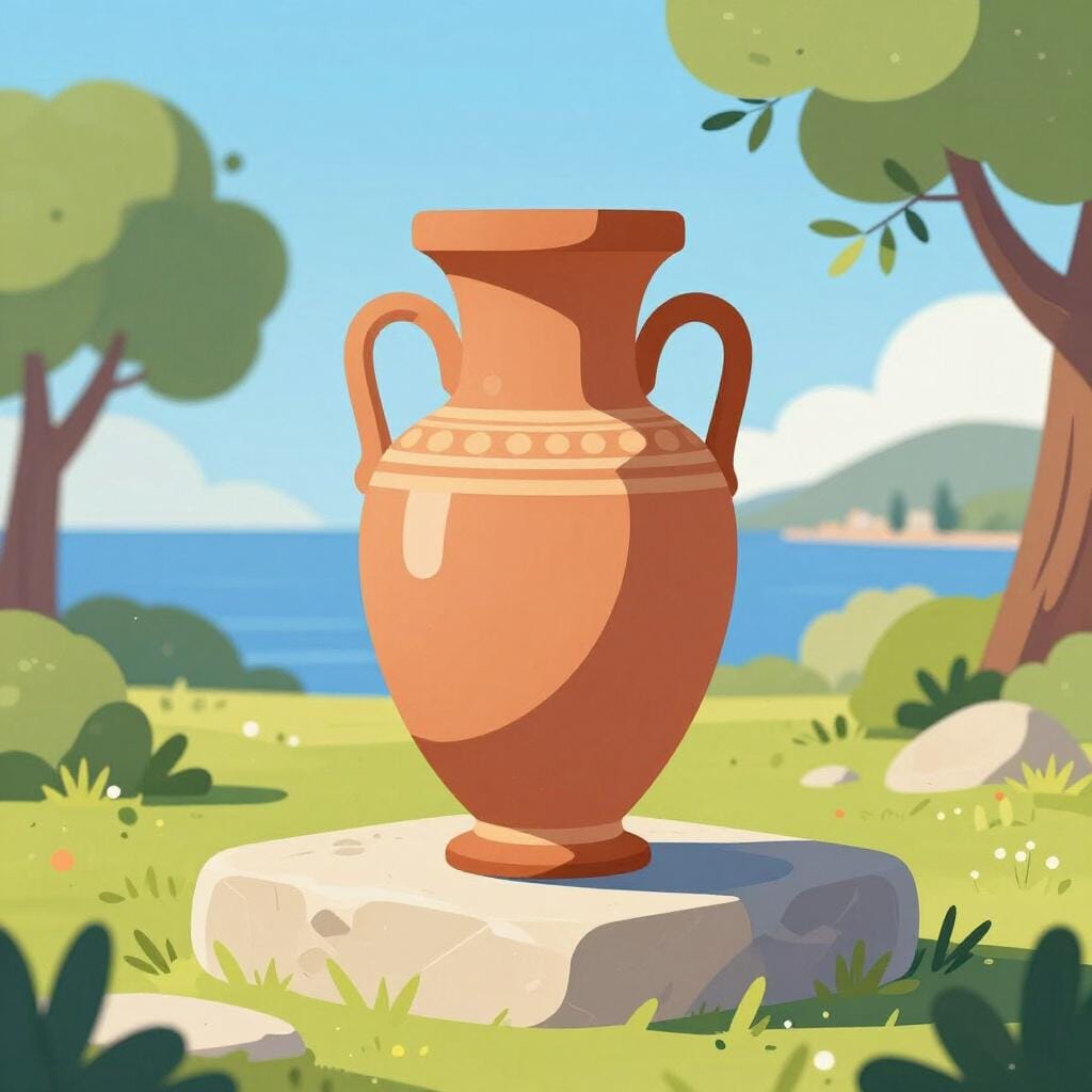 A classic ancient Greek clay vase with simple orange and black patterns sitting on a stone pedestal under a bright blue sky.