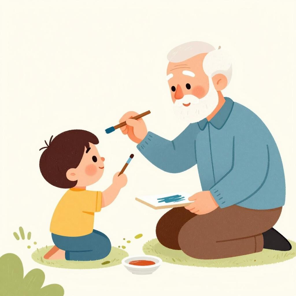 A young child sitting next to their grandfather, both painting on the same canvas.