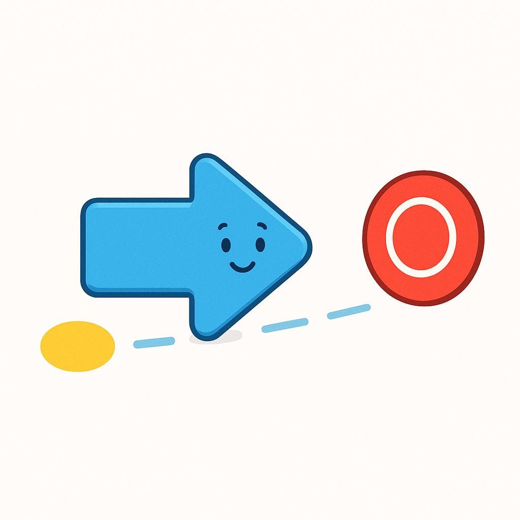 A cheerful blue arrow moving in a perfectly straight, unobstructed line from a yellow starting point to a red circular target, illustrating movement without deviation.