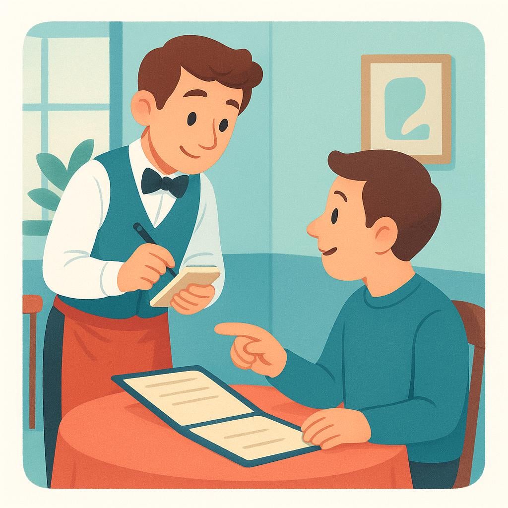 A server in a restaurant holding a notepad and pen, taking an order from a customer seated at a table who is pointing at a menu.