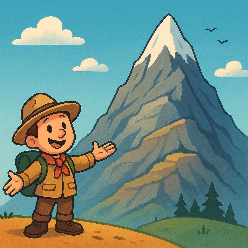 A cartoon explorer standing next to a massive mountain, holding their hands far apart to gesture a rough estimation of the mountain's height.