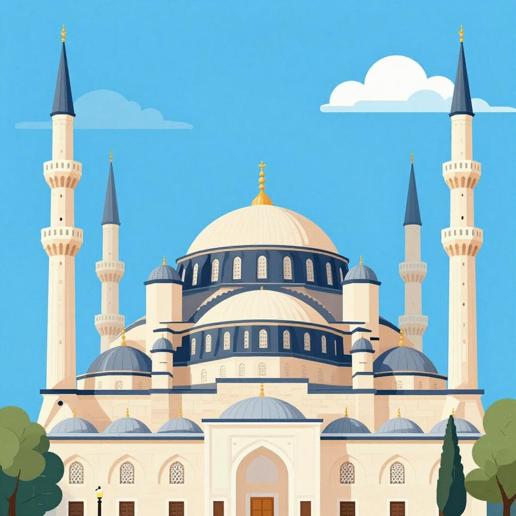 Een prachtige moskee met een grote koepel en hoge minaretten tegen een helderblauwe hemel.