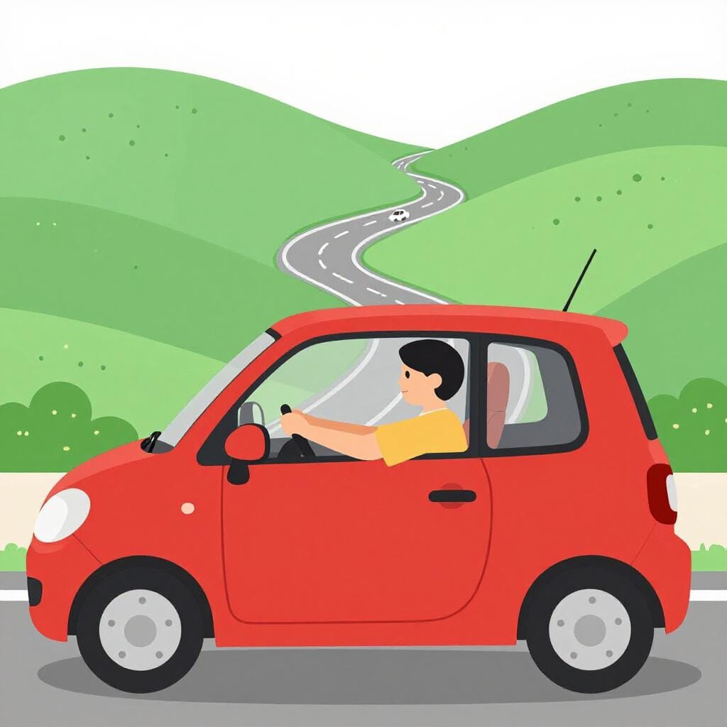 A person sitting in the driver's seat of a car, hands on the steering wheel, looking through the windshield at a clear road ahead.