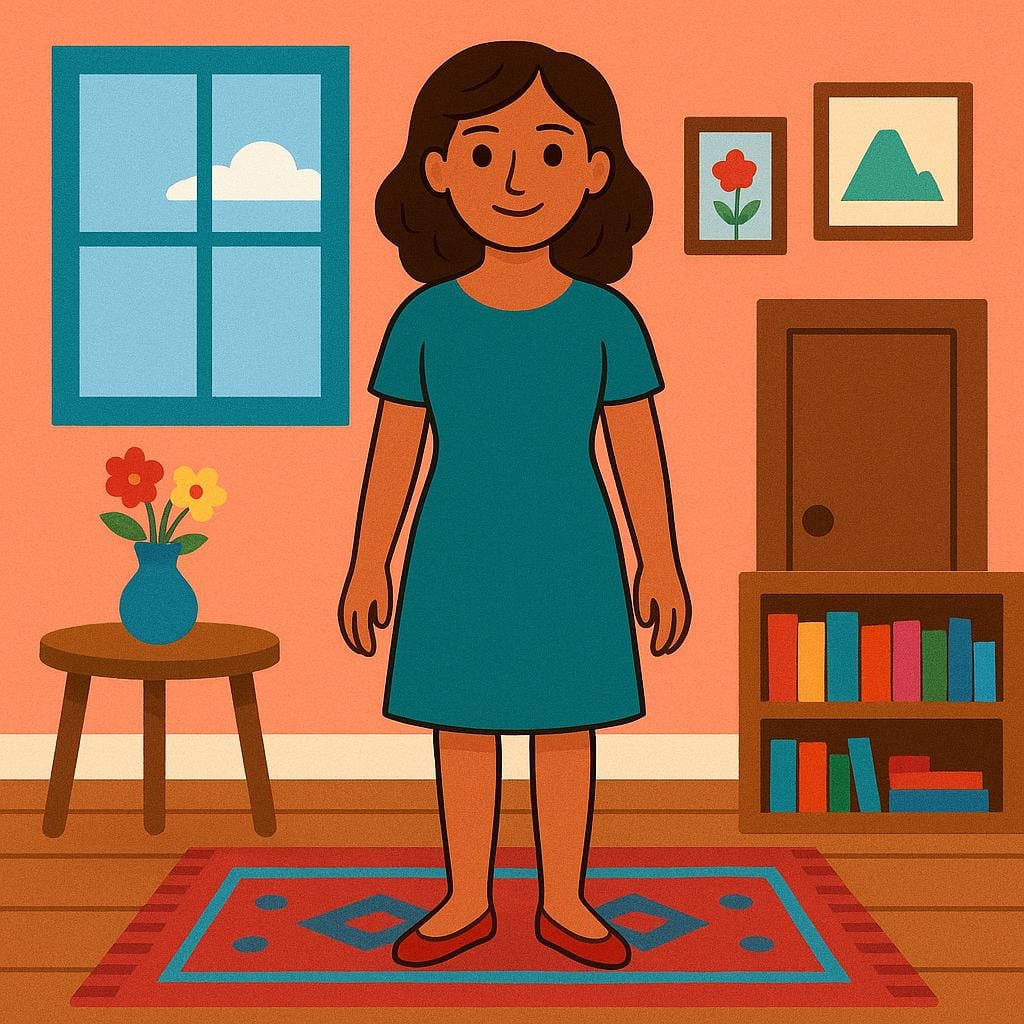 A friendly woman looking out of a window from inside a brightly colored, simple storybook house, illustrating residence.